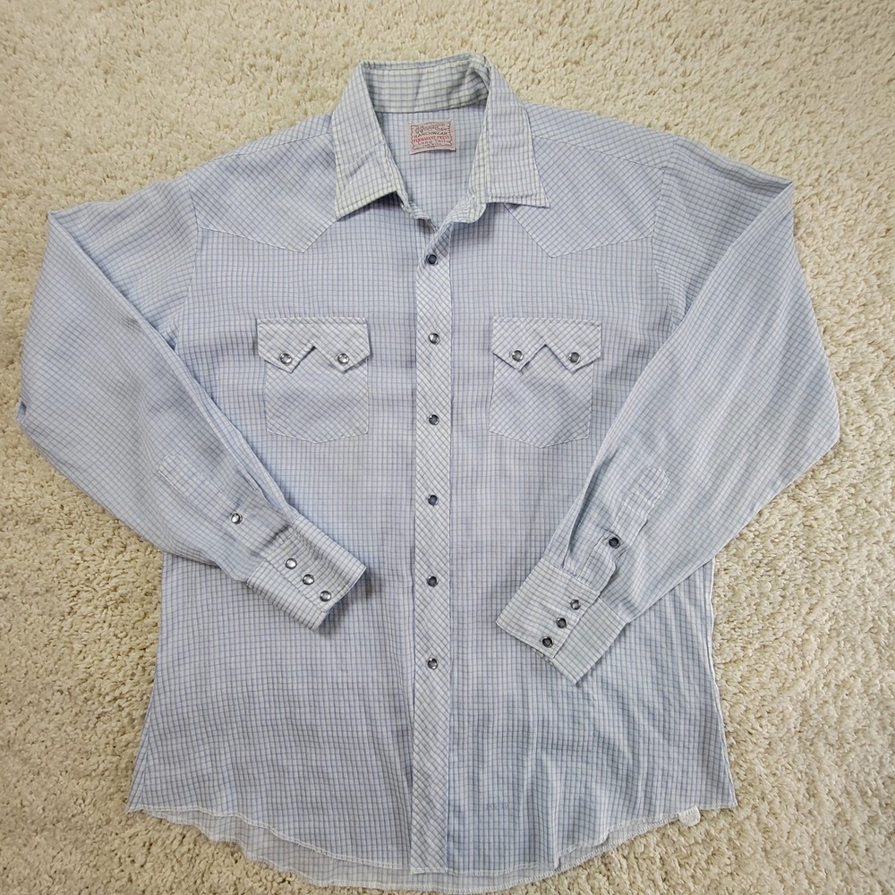 H Bar C Ranchwear Mens Blue Check Western Pearl Snap Shirt Long Tail Vintage